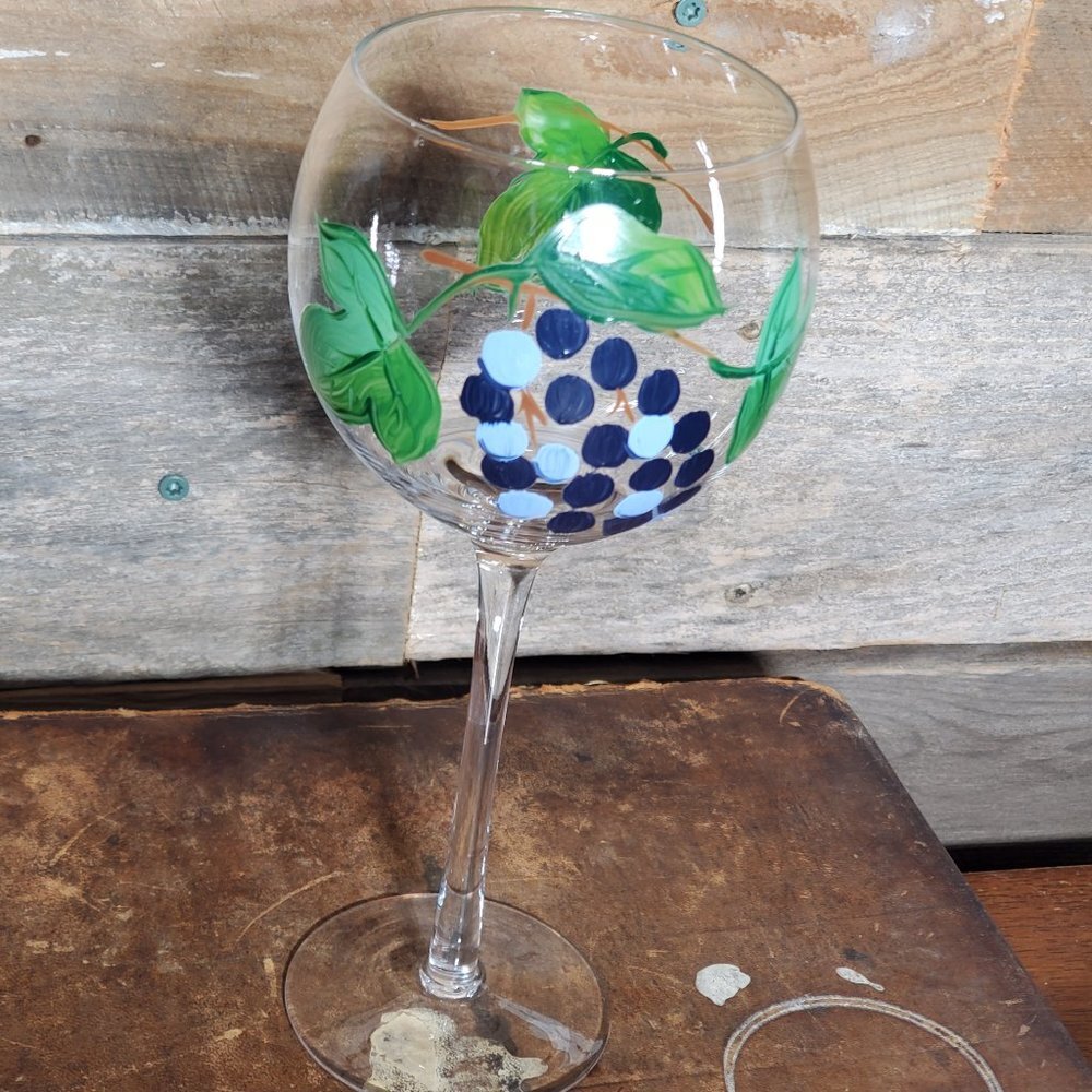 Hand Painted Red Wine Glass - Grapes